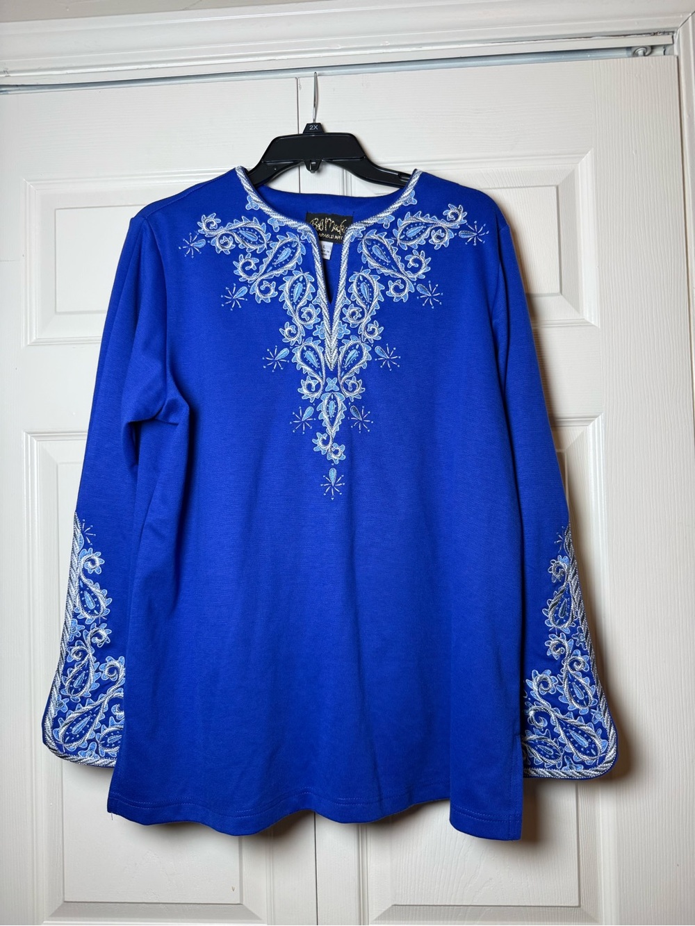 Bob Mackie Wearable Art Royal Blue paisley embroidery beaded details Top